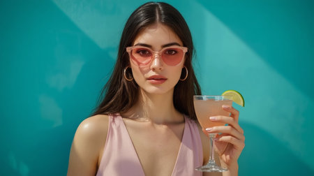 A beautiful stylish brunette in sunglasses and with a cocktail in her hand. The girl is standing in a delicate pink dress on a turquoise background. The atmosphere of summer rest and relaxation.の素材