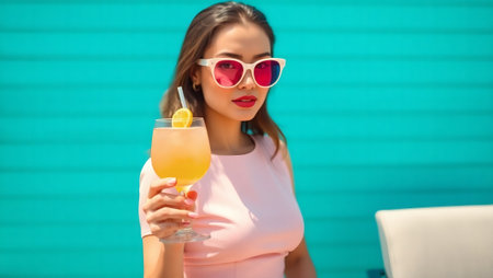 A beautiful stylish brunette in sunglasses and with a cocktail in her hand. The girl is standing in a delicate pink dress on a turquoise background. The atmosphere of summer rest and relaxation.の素材