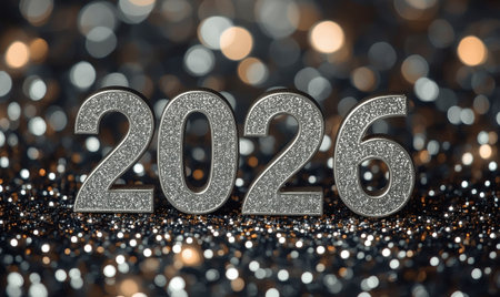 The banner. Happy New Year and Merry Christmas. Shiny numbers from 2026, sequins and a beautiful side on a dark background. The flyer. Invitation.の素材