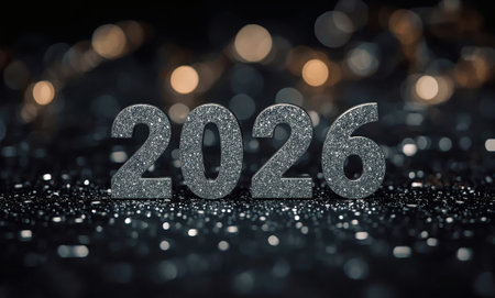 The banner. Happy New Year and Merry Christmas. Shiny numbers from 2026, sequins and a beautiful side on a dark background. The flyer. Invitation.の素材