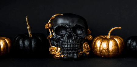 Halloween celebration. Black skull with golden roses and pumpkins. Decor for the Day of the Dead or Halloween on a black background.の写真素材
