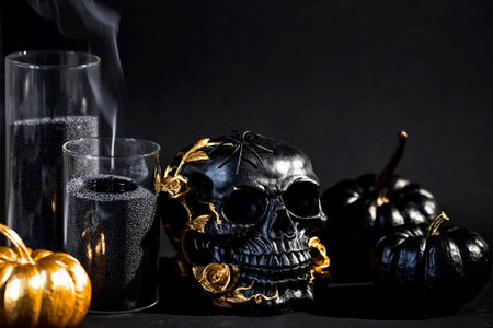 Halloween celebration. Black skull with golden roses, pumpkins, and black candles. Decor for the Day of the Dead or Halloween on a black background.の写真素材