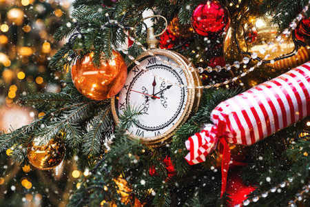 Golden retro clock on a Christmas tree. The clock hands show 12 o'clock. Beautiful background for New Year's Eve or Christmas 2026.の写真素材