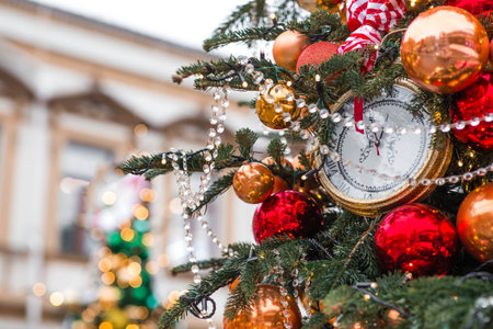 Golden retro clock on a Christmas tree. The clock hands show 12 o'clock. Beautiful background for...