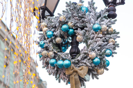 Christmas wreath. Christmas decorations in the interior. Concept of preparation for Christmas and New Year.の写真素材