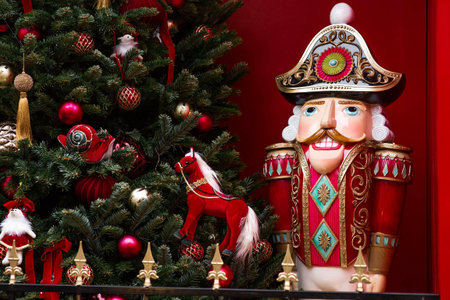 The Nutcracker on the New Year's tree in Moscow. New Year's card 2026. Beautiful Christmas...