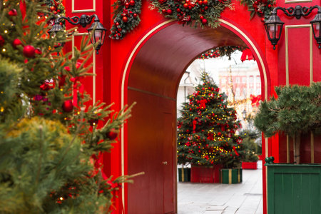 Holiday New Year decorations on the streets of Moscow. Magical Christmas background. Concept of preparation and decoration for the New Year 2026.の写真素材