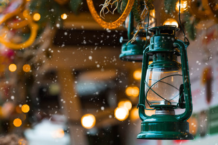 The concept of preparation and decoration. New Year's card 2026. A beautiful antique kerosene lamp...