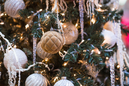 Beautiful Christmas background. Beautiful holiday toys on the New Year's tree in Moscow. Concept of...