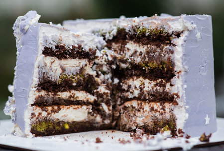 Cake in the cut, chocolate cake with Dubai chocolate filling, piece of cake, dessert for tea,...