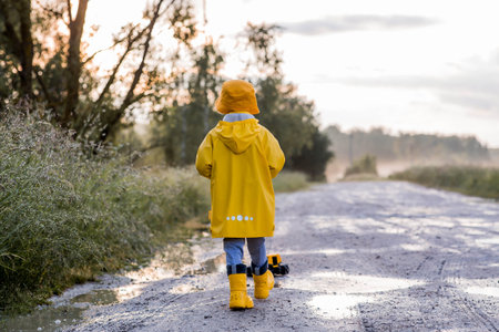 A boy in yellow rubber boots and a raincoat runs through puddles, having fun and playing with a...