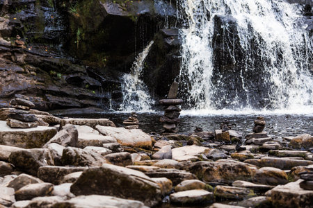 Yukankoski Waterfall (White Bridges) in the Republic of Karelia on a summer evening, Russiaの写真素材
