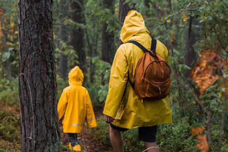 Tourism. Hiking. Ladoga skerries. Father and son tourists in yellow raincoats on stone islands in the forest. Republic of Karelia, Russia.の写真素材