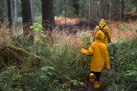 Tourism. Hiking. Ladoga skerries. Father and son tourists in yellow raincoats on stone islands in...