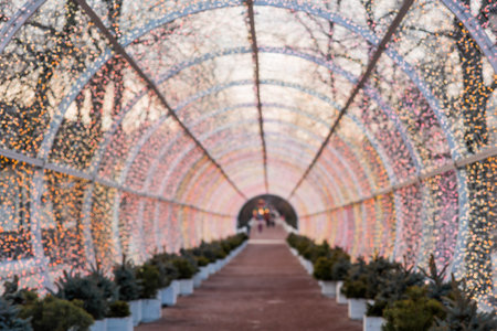 Blurry holiday background. Christmas street decorations, glowing arch and lights, beautiful bokeh.の写真素材