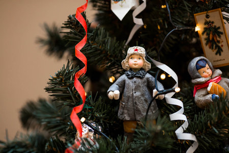 Christmas decorations. Soviet Christmas tree. Old retro cotton Christmas tree toy. 1930s.の写真素材
