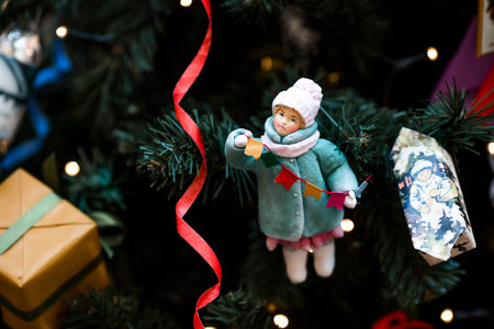 Christmas decorations. Soviet Christmas tree. Old retro cotton Christmas tree toy. 1930s.の写真素材