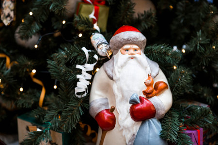 New Year's decorations. Soviet Christmas tree. Old retro cotton toy. Father Christmas. The 1930s.の写真素材