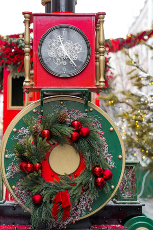 Christmas train in Moscow. Christmas postcard 2026. Beautiful New Year background with a train....