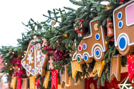 Holiday Christmas tree decorations on a Christmas tree in Moscow. New Year's postcard 2026. Magical Christmas background.の写真素材