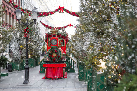 Christmas train in Moscow. Christmas postcard 2026. Beautiful New Year background with a train....