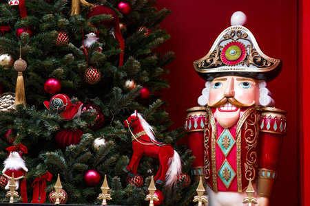 The Nutcracker on the New Year's tree in Moscow. New Year's card 2026. Beautiful Christmas...