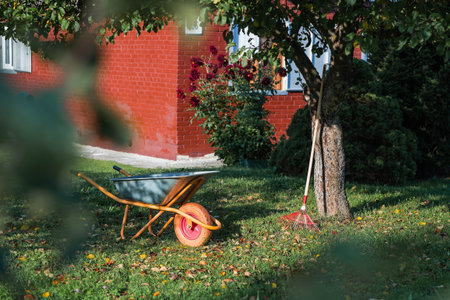 Preparing the garden for autumn and winter. A garden wheelbarrow and rake in the backyard of a house. The concept of housework, gardening, and country life. Closing the summer season.の写真素材
