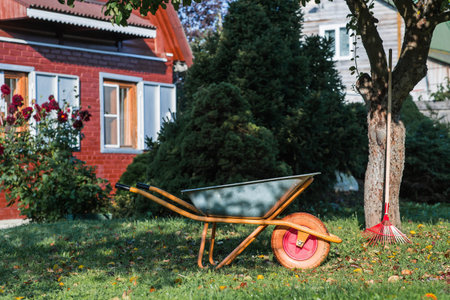Preparing the garden for autumn and winter. A garden wheelbarrow and rake in the backyard of a house. The concept of housework, gardening, and country life. Closing the summer season.の写真素材
