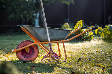 Preparing the garden for autumn and winter. A garden wheelbarrow and rake in the backyard of a house. The concept of housework, gardening, and country life. Closing the summer season.の写真素材