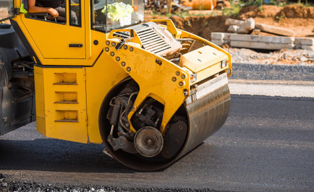 Heavy equipment for earthworks and landscaping. Close-up of a road roller compacting asphalt....