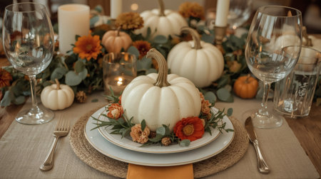 Beautiful autumn table setting with bright pumpkins, flowers, and tableware. A festive concept for autumn, Halloween, or Thanksgiving.の素材