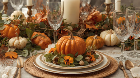 Beautiful autumn table setting with bright pumpkins, flowers, and tableware. A festive concept for autumn, Halloween, or Thanksgiving.の素材