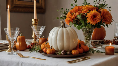Beautiful autumn table setting with bright pumpkins, flowers, and tableware. A festive concept for autumn, Halloween, or Thanksgiving.の素材