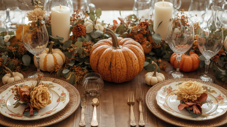 Beautiful autumn table setting with bright pumpkins, flowers, and tableware. A festive concept for autumn, Halloween, or Thanksgiving.の素材