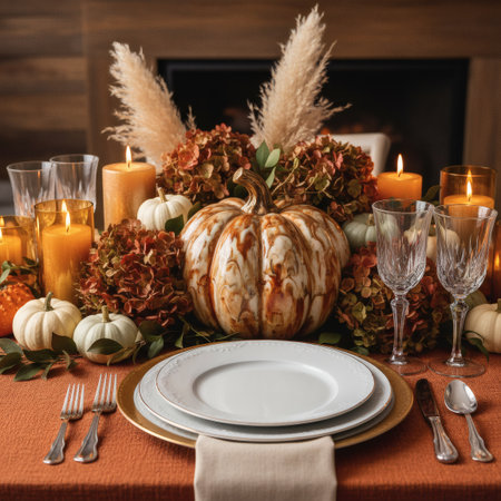 Beautiful autumn table setting with bright pumpkins, flowers, and tableware. A festive concept for autumn, Halloween, or Thanksgiving.の素材