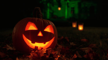 Halloween holiday concept. A pumpkin with a carved face in the shape of a jack-o'-lantern, with a blurred silhouette of a house and lanterns in the background. A nighttime, mysterious atmosphere.の素材