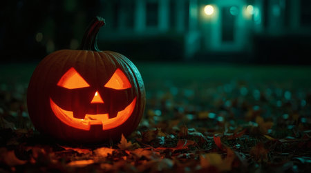 Halloween holiday concept. A pumpkin with a carved face in the shape of a jack-o'-lantern, with a blurred silhouette of a house and lanterns in the background. A nighttime, mysterious atmosphere.の素材