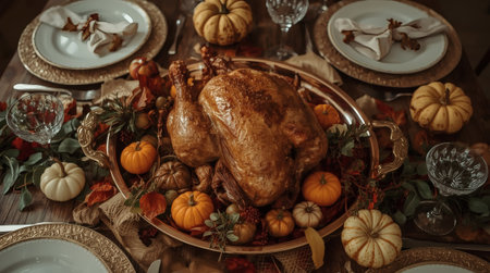 A bountiful harvest. An autumn table setting with colorful pumpkins, flowers, and a homemade baked turkey. The concept of a Thanksgiving feast.の素材