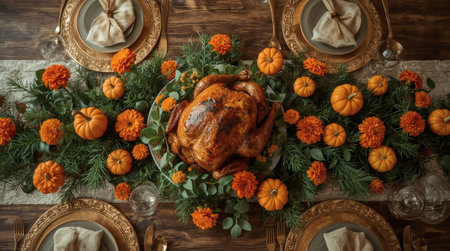 A bountiful harvest. An autumn table setting with colorful pumpkins, flowers, and a homemade baked turkey. The concept of a Thanksgiving feast.の素材