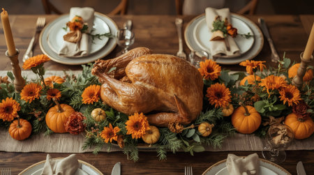 A bountiful harvest. An autumn table setting with colorful pumpkins, flowers, and a homemade baked turkey. The concept of a Thanksgiving feast.の素材