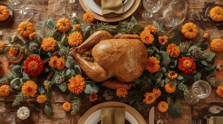 A bountiful harvest. An autumn table setting with colorful pumpkins, flowers, and a homemade baked turkey. The concept of a Thanksgiving feast.の素材