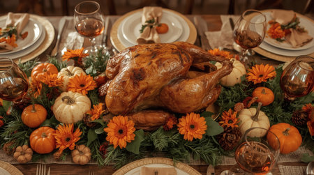 A bountiful harvest. An autumn table setting with colorful pumpkins, flowers, and a homemade baked turkey. The concept of a Thanksgiving feast.の素材
