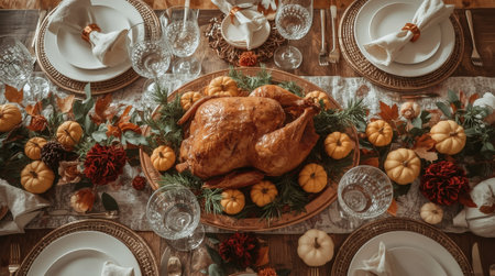 A bountiful harvest. An autumn table setting with colorful pumpkins, flowers, and a homemade baked turkey. The concept of a Thanksgiving feast.の素材