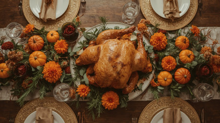 A bountiful harvest. An autumn table setting with colorful pumpkins, flowers, and a homemade baked turkey. The concept of a Thanksgiving feast.の素材