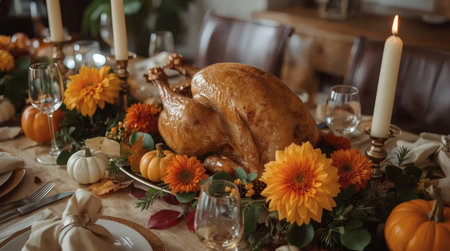 A bountiful harvest. An autumn table setting with colorful pumpkins, flowers, and a homemade baked turkey. The concept of a Thanksgiving feast.の素材