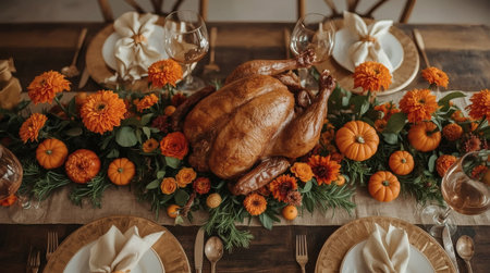 A bountiful harvest. An autumn table setting with colorful pumpkins, flowers, and a homemade baked turkey. The concept of a Thanksgiving feast.の素材