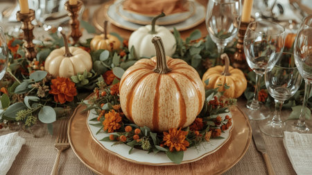 Beautiful autumn table setting with bright pumpkins, flowers, and tableware. A festive concept for autumn, Halloween, or Thanksgiving.の素材