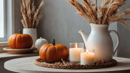 A modern white ceramic vase with dried grass, candles on a wooden table and pumpkins. Scandinavian interior. The concept of autumn decor and comfort in the house.の素材
