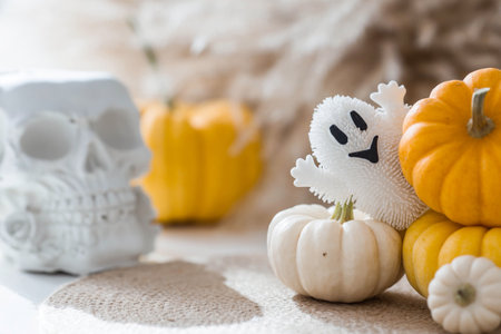Autumn decor for the holiday. Beautiful decorative pumpkins and a skull. Space for text. Banner, background, flyer for celebrating Halloween or the Day of the Dead.の写真素材