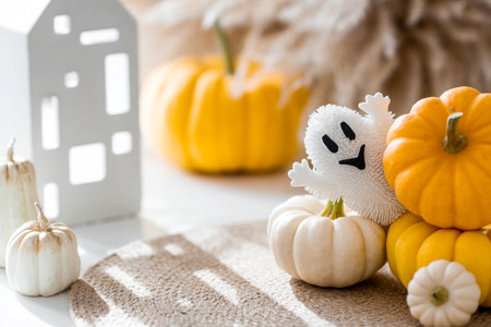 Autumn decor for Halloween. Cute ghost, white houses, and pumpkins. Banner, background for Halloween celebrations.の写真素材